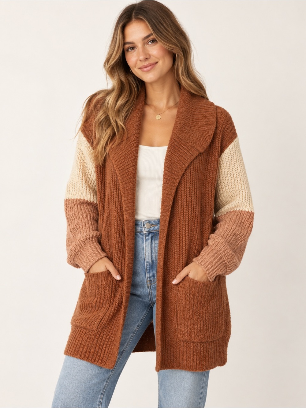 Billabong Rust and Cream Colorblock Open-Front Cardigan